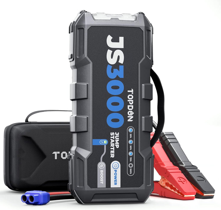 JS3000 12V 3000A Battery Booster Jump Starter Pack for Up to 9L Gas/ 7L Diesel Engines, Portable Car Battery Charger with Handle Jumper Cable and EVA Protection Case  TOPDON Freedom Shop Equipment JS3000 12V 3000A Battery Booster Jump Starter Pack for Up to 9L Gas/ 7L Diesel Engines, Portable Car Battery Charger with Handle Jumper Cable and EVA Protection Case