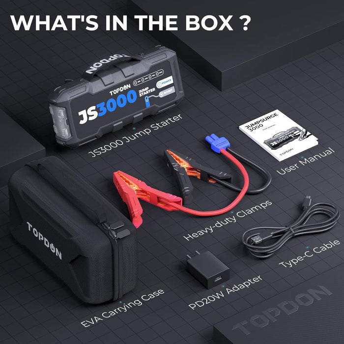 JS3000 12V 3000A Battery Booster Jump Starter Pack for Up to 9L Gas/ 7L Diesel Engines, Portable Car Battery Charger with Handle Jumper Cable and EVA Protection Case  TOPDON Freedom Shop Equipment JS3000 12V 3000A Battery Booster Jump Starter Pack for Up to 9L Gas/ 7L Diesel Engines, Portable Car Battery Charger with Handle Jumper Cable and EVA Protection Case