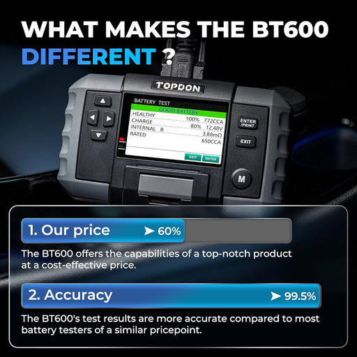 Car Battery Tester, TOPDON BT600 12V , 12V/24V Cranking Tests and Charging Alternator Load 100-2000CCA Digital Battery Voltage Tester, 3.5" Screen with Built-in Printer  TOPDON Freedom Shop Equipment Car Battery Tester, TOPDON BT600 12V , 12V/24V Cranking Tests and Charging Alternator Load 100-2000CCA Digital Battery Voltage Tester, 3.5" Screen with Built-in Printer