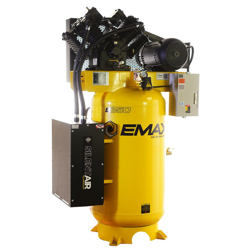 EMAX Silent Air Industrial 10HP V4 Two Stage 1Ph 38CFM 80 Gallon Air Compressor w/isolator pads - Splash Lube Pump ESS10V080V1  EMAX Freedom Shop Equipment EMAX Silent Air Industrial 10HP V4 Two Stage 1Ph 38CFM 80 Gallon Air Compressor w/isolator pads - Splash Lube Pump ESS10V080V1