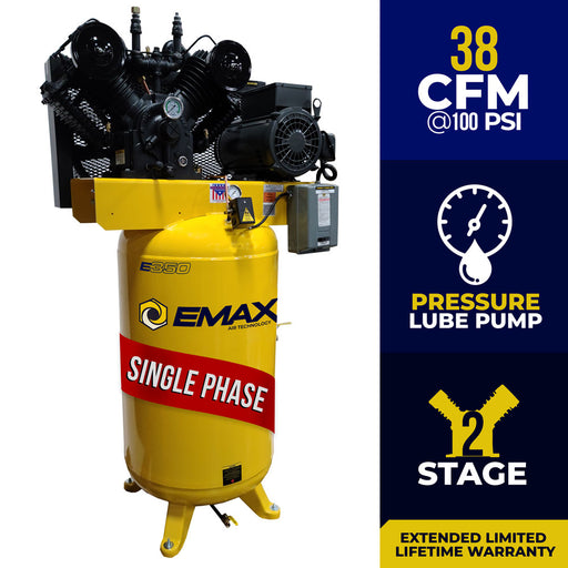 EMAX E350 Series - 10 HP Air Compressor, 2 Stage ,Pressure Lubricated, Single Phase, V4, 80 Gallon, Vertical, Industrial-EI10V080V1 Air Compressor EMAX Freedom Shop Equipment EMAX E350 Series - 10 HP Air Compressor, 2 Stage ,Pressure Lubricated, Single Phase, V4, 80 Gallon, Vertical, Industrial-EI10V080V1