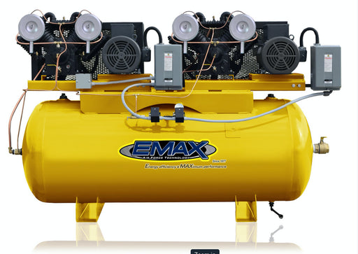 EMAX Silent  15hp 3PH 120 gallon Horizontal Duplex mounted alternating Piston Compressor -With Pressure Lube Pump EMAX ESP07D120V3 Air Compressor EMAX Freedom Shop Equipment EMAX Silent  15hp 3PH 120 gallon Horizontal Duplex mounted alternating Piston Compressor -With Pressure Lube Pump EMAX ESP07D120V3