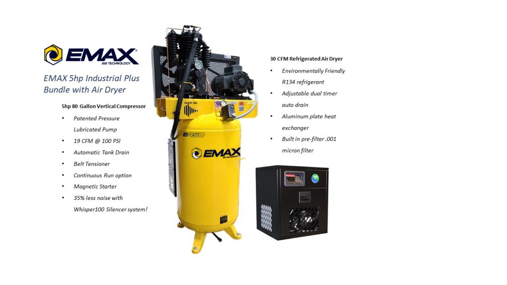 EMAX E450 Series - 5 HP Air Compressor with 30 CFM Air Dryer, 1 Phase, Silent Air System-ESP05V080I1PK Air Compressor EMAX Freedom Shop Equipment EMAX E450 Series - 5 HP Air Compressor with 30 CFM Air Dryer, 1 Phase, Silent Air System-ESP05V080I1PK