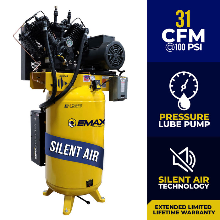 EMAX Silent Air Industrial Plus 7.5HP 31CFM 3 Phase 460V 2-Stage 80 Gal.