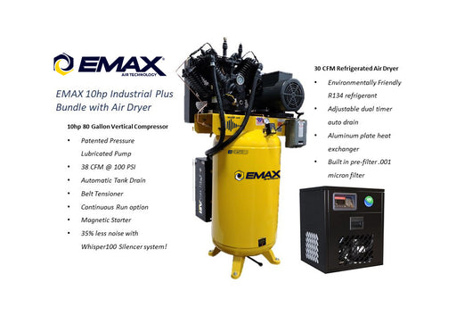 EMAX Silent Industrial Plus 10 HP 1-Phase 80 gal. Vertical Compressor with 58 CFM Dryer Bundle-With Pressure Lube Pump - ESP10V080V1PK Air Compressor EMAX Freedom Shop Equipment EMAX Silent Industrial Plus 10 HP 1-Phase 80 gal. Vertical Compressor with 58 CFM Dryer Bundle-With Pressure Lube Pump - ESP10V080V1PK