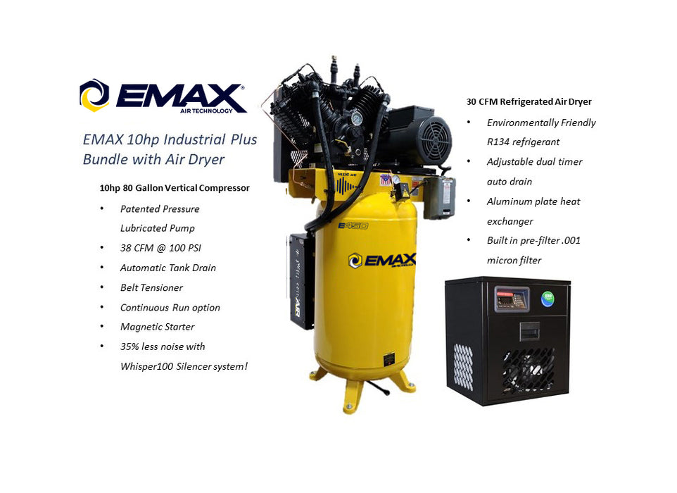 EMAX Silent Industrial Plus 10 HP 1-Phase 80 gal. Vertical Compressor with 58 CFM Dryer Bundle-With Pressure Lube Pump - ESP10V080V1PK Air Compressor EMAX Freedom Shop Equipment EMAX Silent Industrial Plus 10 HP 1-Phase 80 gal. Vertical Compressor with 58 CFM Dryer Bundle-With Pressure Lube Pump - ESP10V080V1PK