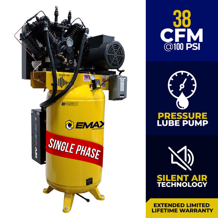 EMAX Silent Air Industrial Plus 10HP 38CFM 3- Phase 460V 2-Stage 80 Gal.