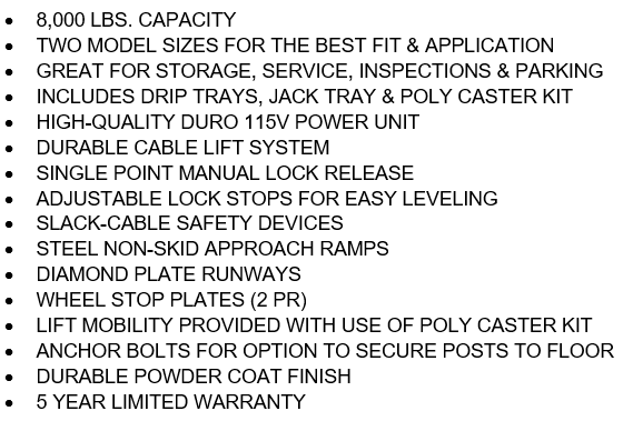 Tuxedo - 8,000 lb Deluxe Storage Lift Extended Length / Height - Poly casters, drip trays, jack tray - FP8K-DX-XLT Lift - Four Post Tuxedo Freedom Shop Equipment Tuxedo - 8,000 lb Deluxe Storage Lift Extended Length / Height - Poly casters, drip trays, jack tray - FP8K-DX-XLT