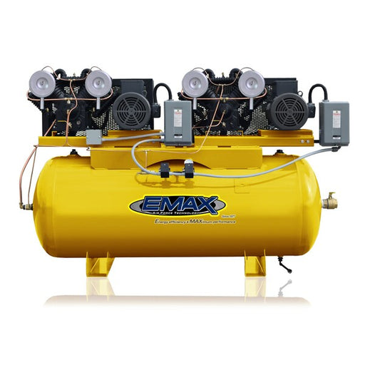 EMAX DUPLEX 7.5HP V4 62CFM 3 Phase 2-Stage 120 Gal. Horizontal Stationary Electric Air Compressor-W/ Pressure Lube Pump , Isolator Pads, Belt Tensioner, Auto Drain, alternating switch  EP07D120V3  EMAX Freedom Shop Equipment EMAX DUPLEX 7.5HP V4 62CFM 3 Phase 2-Stage 120 Gal. Horizontal Stationary Electric Air Compressor-W/ Pressure Lube Pump , Isolator Pads, Belt Tensioner, Auto Drain, alternating switch  EP07D120V3