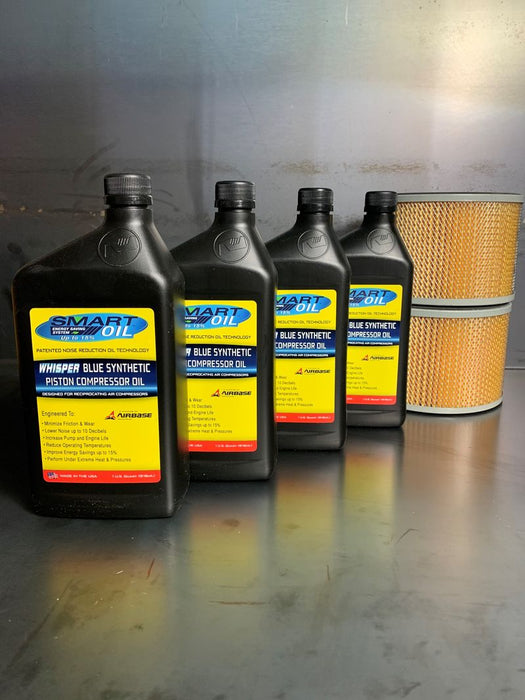 EMAX Airbase Extended 5 YR Warranty Filter Maintenance kits for 25hp Piston Compressors, includes (4) Quarts Whisper Blue Smart Oil and (2) Air FILTER092 FKIT010WB Air Compressor EMAX Freedom Shop Equipment EMAX Airbase Extended 5 YR Warranty Filter Maintenance kits for 25hp Piston Compressors, includes (4) Quarts Whisper Blue Smart Oil and (2) Air FILTER092 FKIT010WB