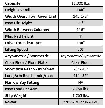 Legacy Lift LLTP11KC-DX Bi-Symmetric Two Post Lift Lift - Two Post Legacy Lift Freedom Shop Equipment 