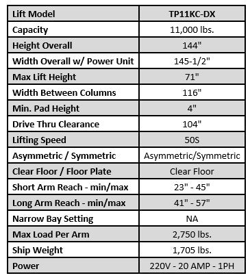 Legacy Lift LLTP11KC-DX Bi-Symmetric Two Post Lift Lift - Two Post Legacy Lift Freedom Shop Equipment Legacy Lift LLTP11KC-DX Bi-Symmetric Two Post Lift