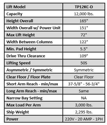 Tuxedo 12,000 lbs 2-Post Lift w/ Direct Drive Cylinders TP12KC-D Lift - Two Post Tuxedo Freedom Shop Equipment Tuxedo 12,000 lbs 2-Post Lift w/ Direct Drive Cylinders TP12KC-D