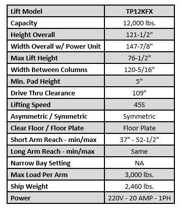 Tuxedo 12,000 lbs. 2-Post Symmetric Floor Plate Lift TP12KFX Lift - Two Post Tuxedo Freedom Shop Equipment Tuxedo 12,000 lbs. 2-Post Symmetric Floor Plate Lift TP12KFX