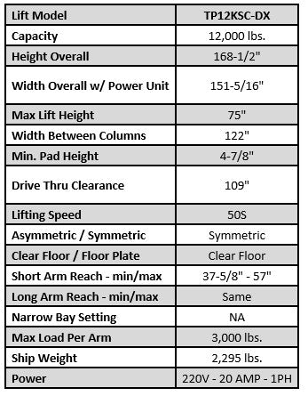 iDEAL 12,000 lbs. Two Post Lift -- Direct Drive ALI Certified W/PU - TP12KSC-DX Lift - Two Post Tuxedo Freedom Shop Equipment iDEAL 12,000 lbs. Two Post Lift -- Direct Drive ALI Certified W/PU - TP12KSC-DX