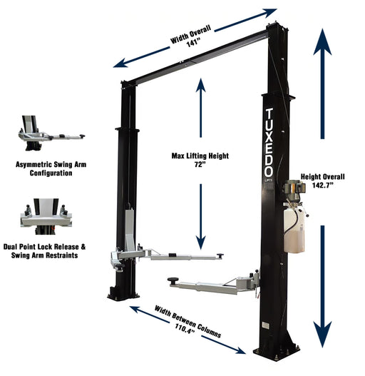 Tuxedo 9,000 lbs. Light Duty 2-Post Clear Floor - Asymmetric - TP9KAC-TUX Lift - Two Post Tuxedo Freedom Shop Equipment Tuxedo 9,000 lbs. Light Duty 2-Post Clear Floor - Asymmetric - TP9KAC-TUX