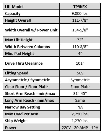 Tuxedo Light Duty 9,000 lbs. 2-Post Lift Floor Plate - Symmetric - TP9KFX Lift - Two Post Tuxedo Freedom Shop Equipment Tuxedo Light Duty 9,000 lbs. 2-Post Lift Floor Plate - Symmetric - TP9KFX