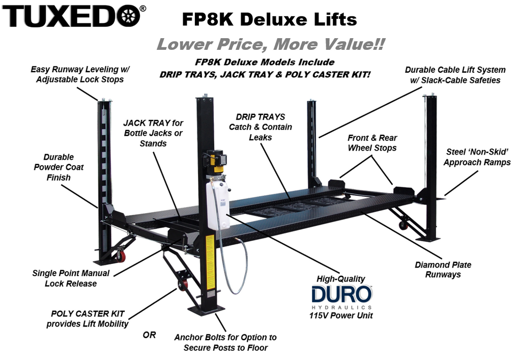 Legacy Lift 8,000 lbs. 4-Post Deluxe Automotive Storage Lift - LLFP8K-DX Lift - Four Post Legacy Lift Freedom Shop Equipment Legacy Lift 8,000 lbs. 4-Post Deluxe Automotive Storage Lift - LLFP8K-DX