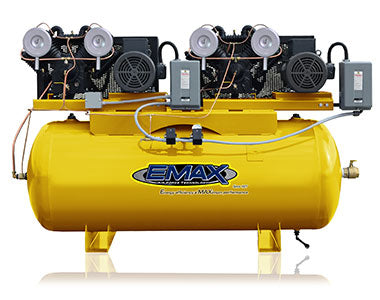 EMAX DUPLEX 7.5HP V4 62CFM 1- Phase 2-Stage 120 Gal. Horizontal Stationary Electric Air Compressor-W/ Pressure Lube Pump , Isolator Pads, Belt Tensioner, Auto Drain, alternating switch  EP07D120V1  EMAX Freedom Shop Equipment EMAX DUPLEX 7.5HP V4 62CFM 1- Phase 2-Stage 120 Gal. Horizontal Stationary Electric Air Compressor-W/ Pressure Lube Pump , Isolator Pads, Belt Tensioner, Auto Drain, alternating switch  EP07D120V1